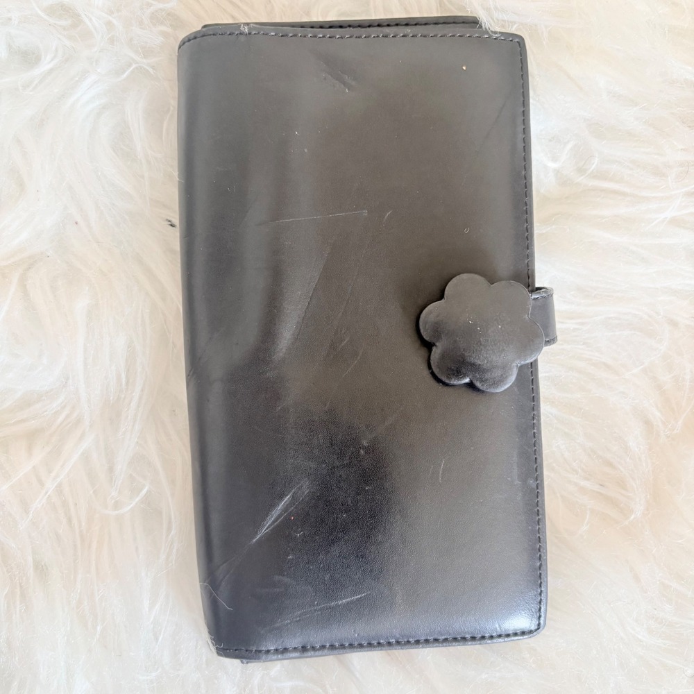 Furla Black Leather Flower Snap Bifold Long Wallet Made in Italy